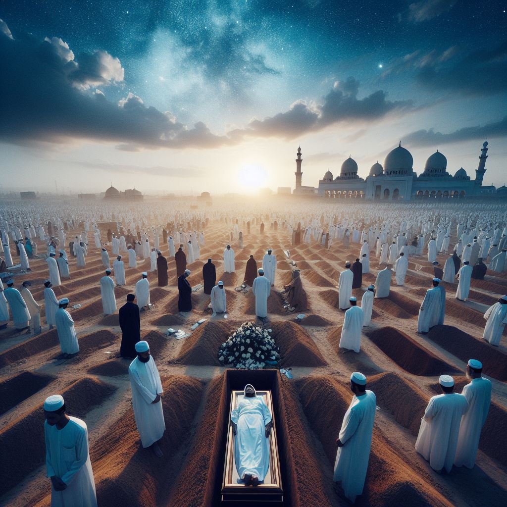 Aunque la IA no tenga identificado un funeral musulmán, la imagen intenta mostrar ese momento íntimo de descanso y despido, el cuerpo descansa sin féretro para deshacerse en la naturaleza, recostado de lado mirando hacia la Meca.